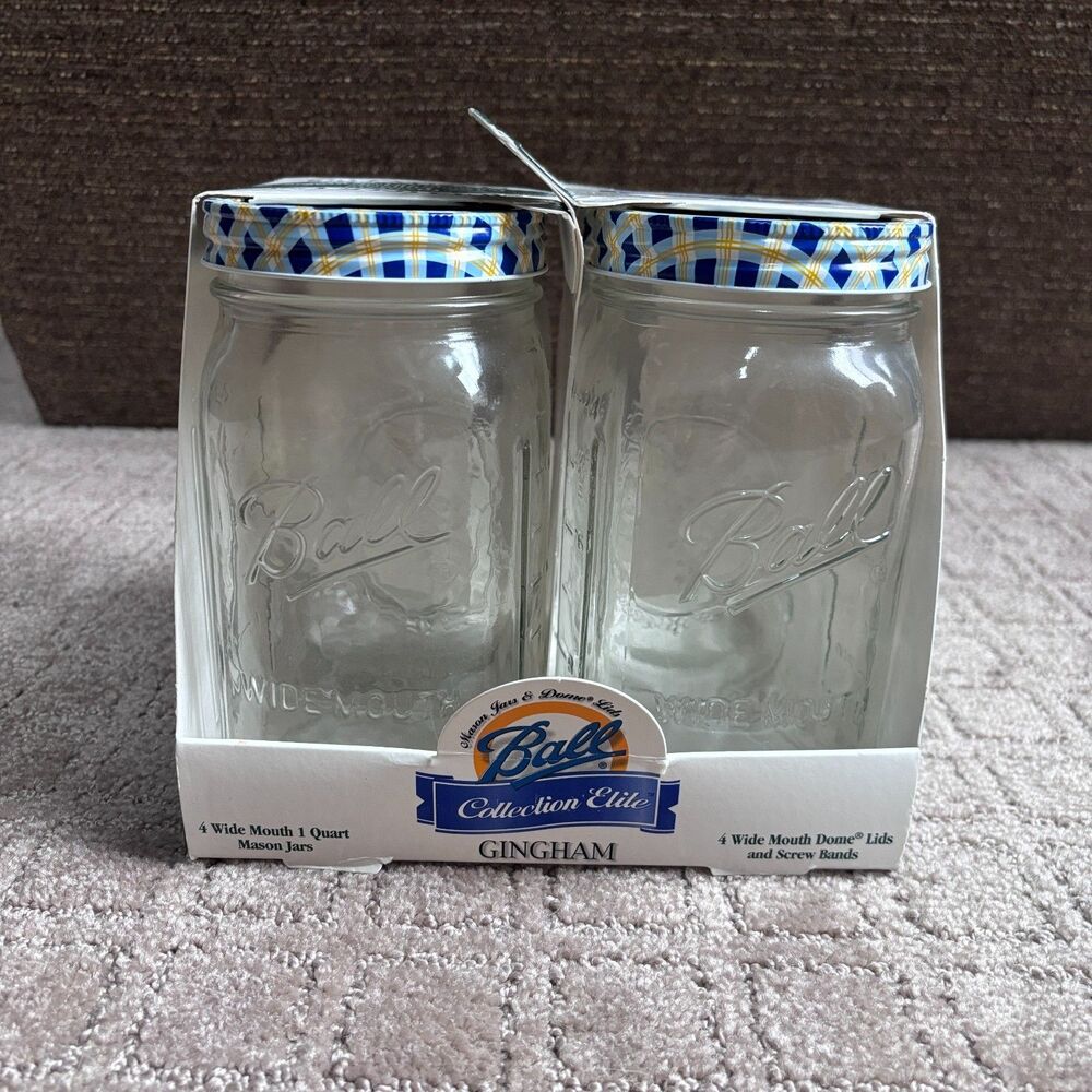 VTG 2000 Ball Collection Elite 4 PK Gingham Wide Mouth 1 Qt Mason Jars Lids READ